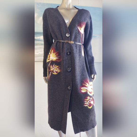 ♧$2890 NEW OSCAR DE LA RENTA CHARCOAL FLOWER PUNCH NEEDLE LONGLINE CARDIGAN L